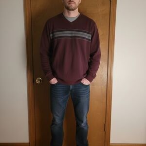 Van Heusen Burgundy V-Neck Sweater with Charcoal Stripes